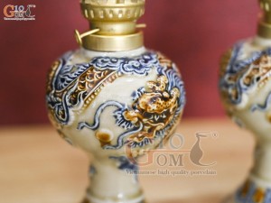 Đôi đèn dầu dáng tròn men hoàng tộc đắp nổi Rồng Như Ý, cao 16cm