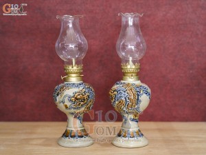 Đôi đèn dầu dáng tròn men hoàng tộc đắp nổi Rồng Như Ý, cao 16cm