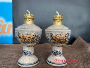 Đôi đèn dầu dáng vuông men rạn đắp nổi Rồng Phú Quý S2, cao 18cm