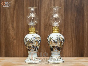 Đôi đèn dầu dáng xoài men lam vẽ Sen Đại Cát, vẽ vàng 24k cao 18cm