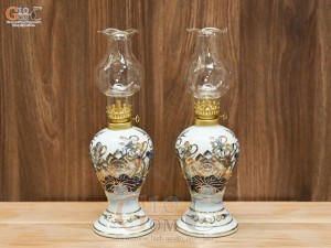 Đôi đèn dầu dáng xoài men lam vẽ Sen Đại Cát, vẽ vàng 24k cao 18cm