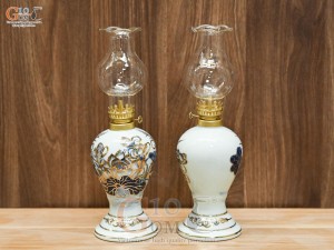 Đôi đèn dầu dáng xoài men lam vẽ Sen Đại Cát, vẽ vàng 24k cao 18cm