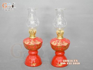 Đôi đèn dầu họa tiết Rồng Phúc - Lộc - Thọ vàng kim men đỏ, cao 16cm