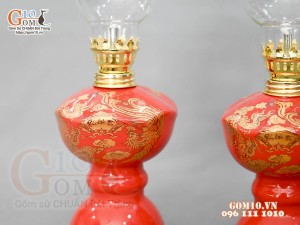 Đôi đèn dầu họa tiết Rồng Phúc - Lộc - Thọ vàng kim men đỏ, cao 16cm