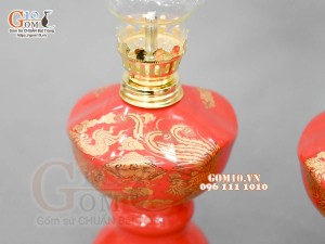 Đôi đèn dầu họa tiết Rồng Phúc - Lộc - Thọ vàng kim men đỏ, cao 16cm