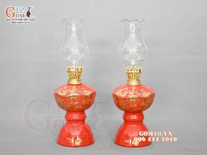 Đôi đèn dầu họa tiết Rồng Phúc - Lộc - Thọ vàng kim men đỏ, cao 16cm