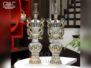 Đôi đèn dầu mạc men rạn đắp nổi Rồng, cao 40cm (Bọc đồng)