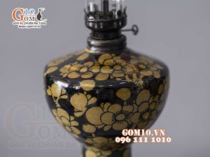 Đôi đèn dầu men cổ vẽ Hoa Đào, cao 20cm