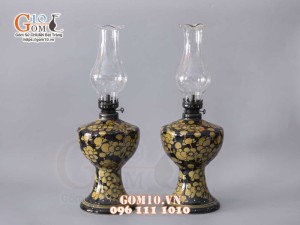 Đôi đèn dầu men cổ vẽ Hoa Đào, cao 20cm