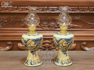Đôi đèn dầu men hoàng tộc đắp nổi Rồng Như Ý, cao 18cm
