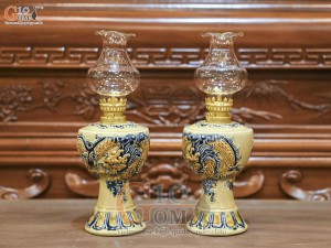 Đôi đèn dầu men hoàng tộc đắp nổi Rồng Như Ý, cao 18cm