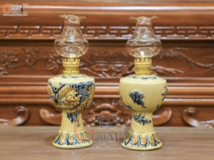 Đôi đèn dầu men hoàng tộc đắp nổi Rồng Như Ý, cao 18cm