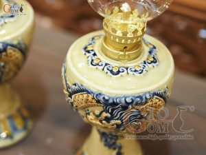 Đôi đèn dầu men hoàng tộc đắp nổi Rồng Như Ý, cao 18cm