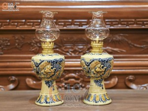Đôi đèn dầu men hoàng tộc đắp nổi Rồng Như Ý, cao 18cm