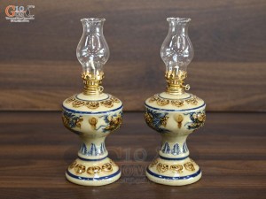 Đôi đèn dầu men hoàng tộc đắp nổi Rồng Phượng, cao 19cm
