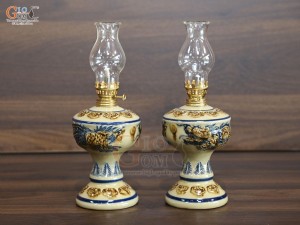 Đôi đèn dầu men hoàng tộc đắp nổi Rồng Phượng, cao 19cm
