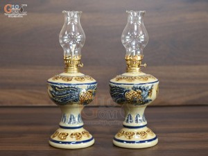 Đôi đèn dầu men hoàng tộc đắp nổi Rồng Phượng, cao 19cm