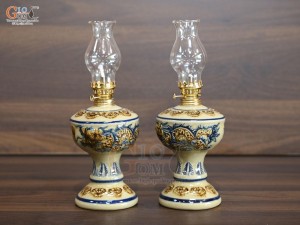 Đôi đèn dầu men hoàng tộc đắp nổi Rồng Phượng, cao 19cm