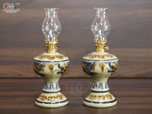 Đôi đèn dầu men hoàng tộc đắp nổi Rồng Phượng, cao 19cm