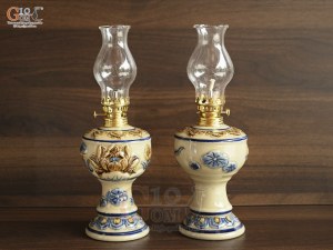 Đôi đèn dầu men hoàng tộc đắp nổi Sen, cao 16cm