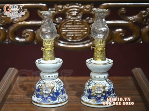 Đôi đèn dầu men lam cổ Sen Cát Tường, vẽ vàng 24k, cao 20cm