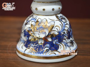 Đôi đèn dầu men lam cổ Sen Cát Tường, vẽ vàng 24k, cao 20cm