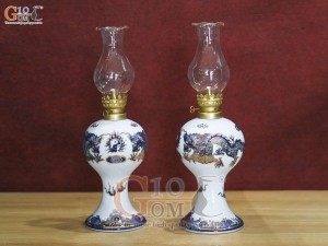 Đôi đèn dầu men lam họa tiết Rồng vẽ vàng 24k, cao 28cm(Cả bóng)