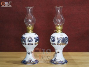 Đôi đèn dầu men lam họa tiết Rồng vẽ vàng 24k, cao 28cm(Cả bóng)