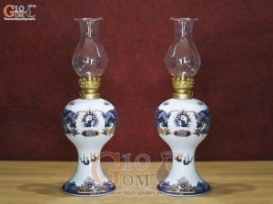 Đôi đèn dầu men lam họa tiết Rồng vẽ vàng 24k, cao 28cm(Cả bóng)