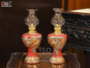 Đôi đèn dầu men màu đắp nổi Rồng Như Ý nền đỏ vẽ vàng 24k, cao 18cm