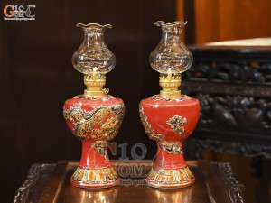 Đôi đèn dầu men màu đắp nổi Rồng Như Ý nền đỏ vẽ vàng 24k, cao 18cm