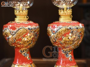 Đôi đèn dầu men màu đắp nổi Rồng Như Ý nền đỏ vẽ vàng 24k, cao 18cm