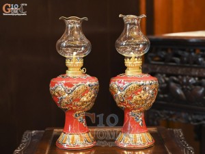 Đôi đèn dầu men màu đắp nổi Rồng Như Ý nền đỏ vẽ vàng 24k, cao 18cm