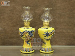 Đôi đèn dầu men màu đắp nổi Rồng Như Ý nền vàng, cao 18cm