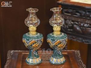 Đôi đèn dầu men màu đắp nổi Rồng Như Ý nền xanh lục bảo, cao 16cm