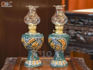 Đôi đèn dầu men màu đắp nổi Rồng Như Ý nền xanh lục bảo, cao 16cm