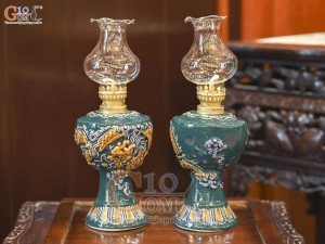 Đôi đèn dầu men màu đắp nổi Rồng Như Ý nền xanh lục bảo, cao 16cm