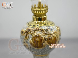 Đôi đèn dầu men rạn đắp đào vẽ vàng 24k