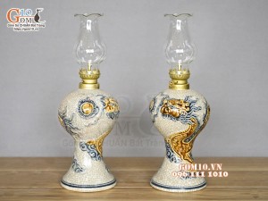 Đôi đèn dầu men rạn đắp nổi Rồng Phú Quý, cao 18cm