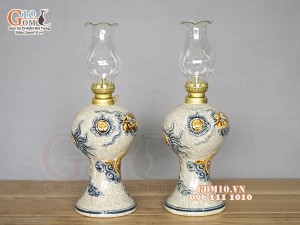 Đôi đèn dầu men rạn đắp nổi Rồng Phú Quý, cao 20cm