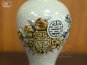 Đôi đèn dầu men rạn nổi thọ đào, cao 18cm