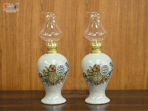 Đôi đèn dầu men rạn nổi thọ đào, cao 18cm