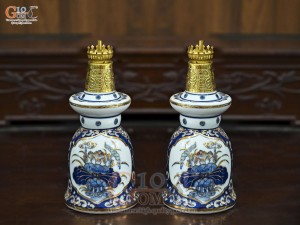 Đôi đèn dầu men trắng họa tiết Tài Lộc vẽ vàng 24k, cao 22cm