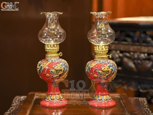 Đôi đèn dầu tròn men màu đắp nổi Rồng Như Ý nền đỏ, cao 18cm