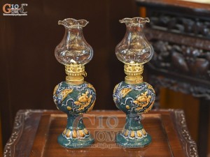 Đôi đèn dầu tròn men màu đắp nổi Rồng Như Ý nền xanh lục bảo, cao 16cm