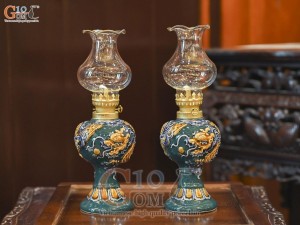 Đôi đèn dầu tròn men màu đắp nổi Rồng Như Ý nền xanh lục bảo, cao 21cm