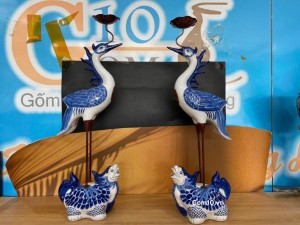 Đôi hạc chân đồng men lam, cao 52cm
