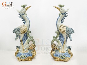 Đôi hạc men rạn đắp nổi chân sứ, cao 42cm