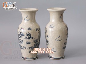 Đôi lọ  chân thon men rạn, họa tiết hoa sen 27cm