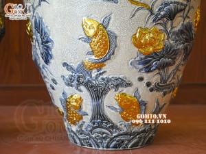 Đôi lọ bảo bình men rạn đắp nổi Phúc Lộc Thọ dát vàng, cao 1m